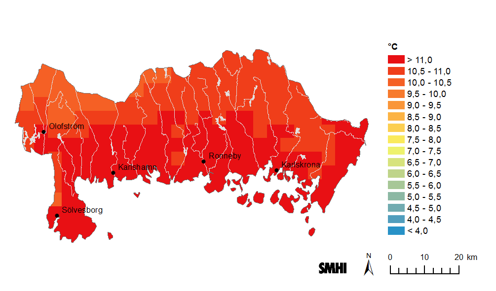 Karta som visar årsmedeltemeperatur år 2069-2098 vid RCP8,5 i Blekinge.